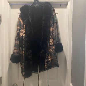 Black puffer fur camo jacket